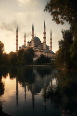 Fototapeta na wymiar view of the magnificent mosque from the edge of the lake ,generative ai