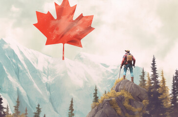 Canadian Adventure: Man with Canadian Flag against Snowy Mountain Backdrop in Stock Photos