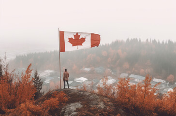Canadian Adventure: Man with Canadian Flag against Snowy Mountain Backdrop in Stock Photos