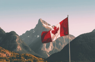 Canadian Majesty: Flag of Canada against Majestic Mountain and Forest Backdrops in Stock Photos