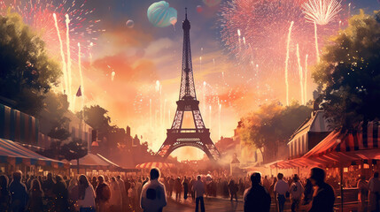 Celebrating Paris: Watercolor Drawing of Eiffel Tower with Fireworks in the Background for Stock Photos