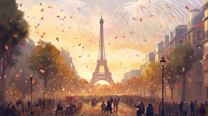 Celebrating Paris: Watercolor Drawing of Eiffel Tower with Fireworks in the Background for Stock Photos