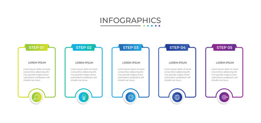 Thin line process business infographic with square template. Vector illustration. Process timeline with 5 options, steps or sections.