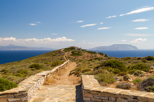 A path leading to Homers Tomb located in the northern part of Ios Island near the beach of Plakotos in the Cyclades.