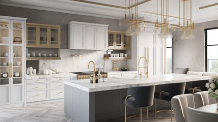 Modern classic white kitchen in a luxury apartment. Large marble kitchen island with bar stools, glazed cabinets, luxurious chandelier, gilded details, modern kitchen appliances. 3D rendering.