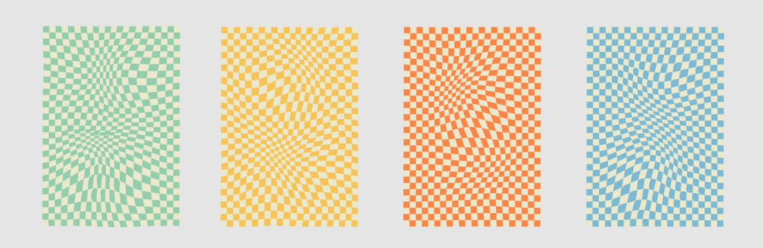 set of 70s backgrounds in retro hippie style. Wave pattern, checkerboard, net. Texture vector illustration. Distorted in a psychedelic and Y2k aesthetic style