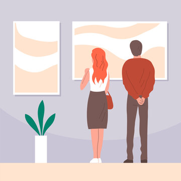 Art exhibition in the art museum. Gallery of contemporary art. A man and a woman are looking at a picture. Flat vector illustration