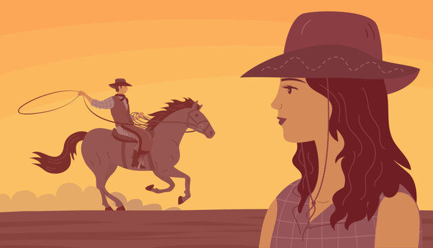 Cowboy girl and man in a hat rides a horse. Desert and hot sunset. Swinging rope lasso. Wild West landscape, western, rodeo and horse racing. Cartoon vector illustration