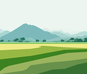 Beautiful ricefield landscape with mountains vector illustration
