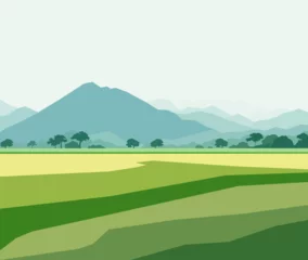 Zelfklevend Fotobehang Beautiful ricefield landscape with mountains vector illustration © fadfebrian