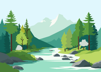 Panorama of spring summer beautiful nature, green grasslands meadow, forest, and river, mountains on horizon background landscape vector illustration - obrazy, fototapety, plakaty