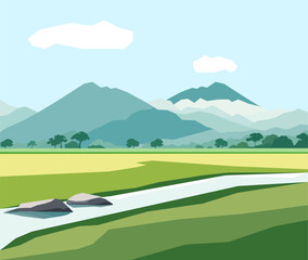 Beautiful ricefield landscape with mountains and river vector illustration