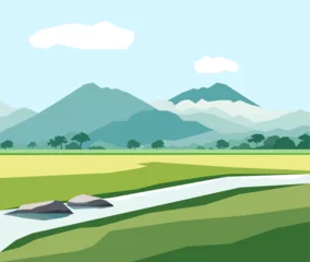 Rollo Beautiful ricefield landscape with mountains and river vector illustration © fadfebrian