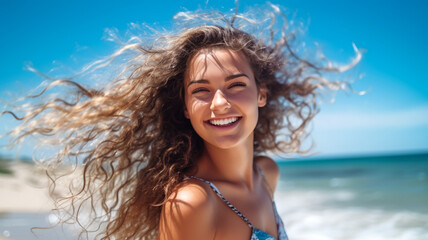 Beachside Allure: A Stunning Girl with Cascading Hair, Against the Majestic Sea