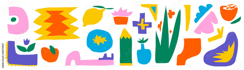 Poster A pack of cut-out abstract shapes. Bright geometric forms in a naive style. On a transparent background as png. Vector illustration with texture. Lemon, aplle, rose and irregular organic shapes. 