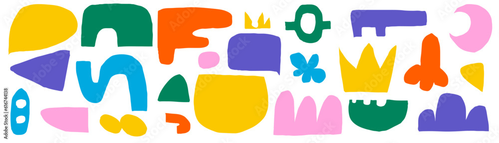 Poster a pack of cut-out abstract shapes. bright geometric forms in a naive style. on a transparent backgro