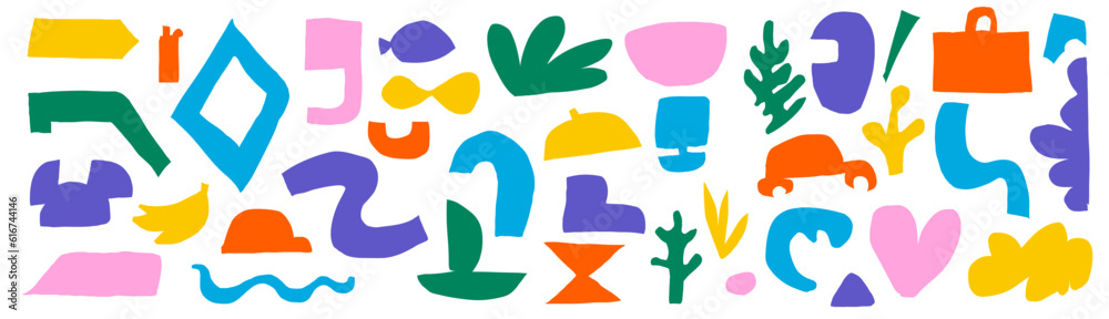 Aufkleber A pack of cut-out abstract shapes. Bright geometric forms in a naive style. On a transparent background as png. Vector illustration with texture. irregular organic shapes. 