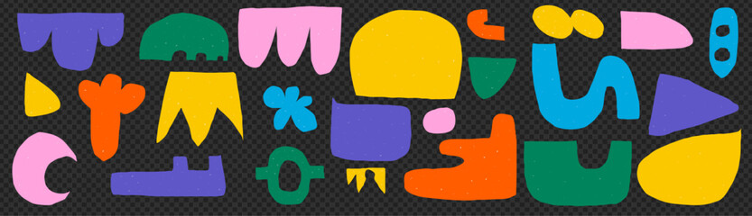 A pack of cut-out abstract shapes. Bright geometric forms in a naive style. On a transparent background as png. Vector illustration with texture. Wave, crowns, moon and irregular organic shapes. 