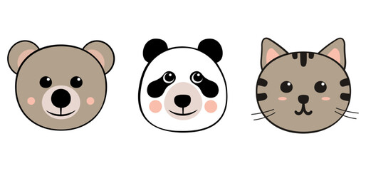Vector set of stickers. Cute animals bear, panda and cat. 