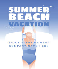 A girl dressed in a swimsuit and a summer hat, standing with a towel. Vector illustration. Vacation, summer and beach vacation. Blue sky gradient background.