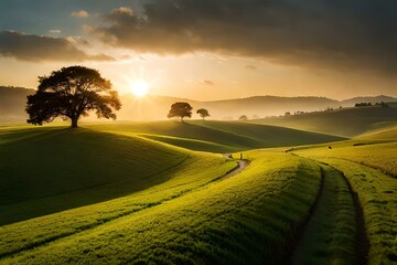 sunset over the field by AI generating