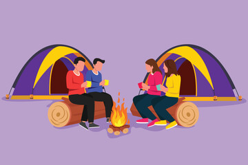 Character flat drawing of happy two pair man and woman getting warm near campfire. Group of people camping drinking hot tea or coffee and sitting on logs in forest. Cartoon design vector illustration