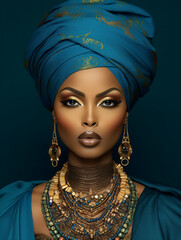 Elegante Hübsche Arabische Frau Gesicht mit edlen Seiden Turban und schönen Schmuck Poster Nahaufnahme, ai generativ