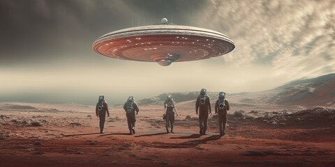 Astronauts on another planet and alien ship. Generative AI