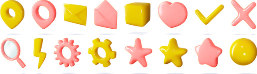 3d icon vector set of isolated sings for buttons in cartoon style. Pink yellow set. Settings, search, flash, map geotag concept. Haert for like, yes and no, review and rating buttons.