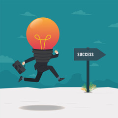 Businessman with bulb instead head jumping towards success arrow sign design vector illustration