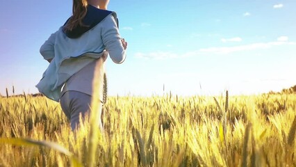 Golden Fields: A Teen Girl's Blissful Run Amidst the Blue Sky, Embracing Nature