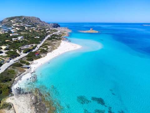 Aerial view of La Pelosa beach on a sunny day