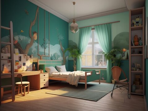 Cozy blue kid bedroom with toy and fun decoration. Generative AI