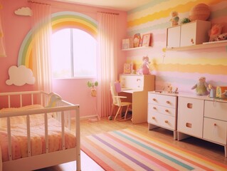 Modern pink colorful toddler bedroom with decoration. Generative AI