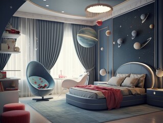 Modern boy bedroom with space theme decoration. Generative AI