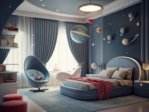 Modern boy bedroom with space theme decoration. Generative AI