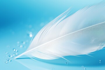 Fototapeta na wymiar Soft bird feather with water drops on blue background Delicate nature image, Generative AI