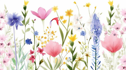 Obraz na płótnie Canvas Beautiful floral spring seamless pattern with watercolor drawn field wildflowers. For wedding stationery, greetings, wallpapers, fashion, backgrounds, textures, DIY, packaging, cards. Generative AI.