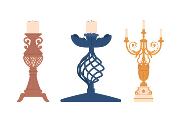 Elegant Candleholders Designed Of Bronze, Iron And Gold. Crafted With Precision, Cartoon Vector Illustration