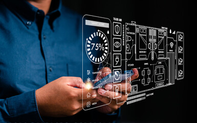 technology, smart home, futuristic, internet, screen, control, innovation, iot, smart, assistant. touching at smartphone for check smart home control dashboard assistant. innovation function support.
