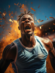 Athlete winning the race with high facial expression, Generative AI