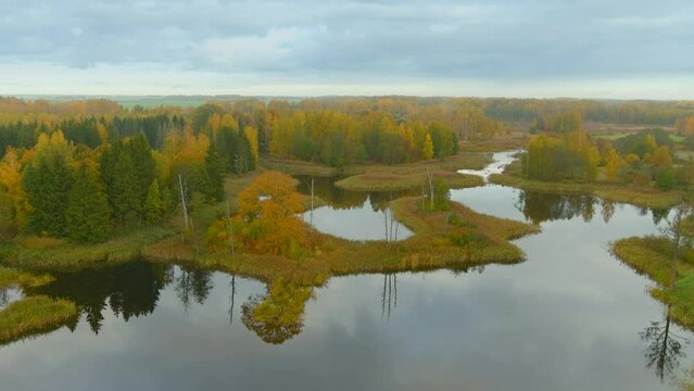 Aerial view of Kirkilai karst lakes in sunny autumn morning, Birzai, Lithuania