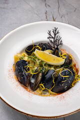 A delicious seafood dish from a restaurant. Close up