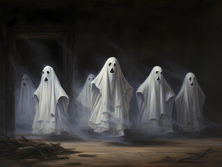 Spooky Halloween Ghosts Haunted Landscape Illustration - obrazy, fototapety, plakaty