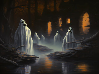 Spooky Halloween Ghosts Haunted Illustration - obrazy, fototapety, plakaty