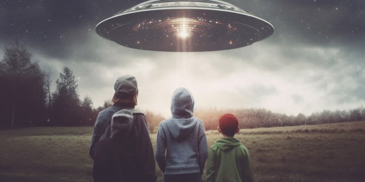 Rear view of paranoid family wearing tinfoil hats and looking at ufo in the sky, concept of Alien invasion anxiety, created with Generative AI technology
