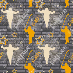 Hockey background in yellow and gray tones. Brick wall. Silhouettes of win hockey players.