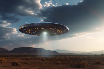 Fototapeta na wymiar Alien intervention, Motionless UFO, an alien plate, graces the sky Generative AI