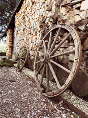 Holzrad an gelehnt an einer Holzwand mit Holzstücken für Kamin. Nachwachsender Rohstoff.