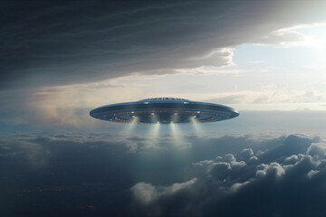 Fototapeta na wymiar Enigmatic flight, Alien UFO saucer traverses cloud-filled sky above Earth Generative AI